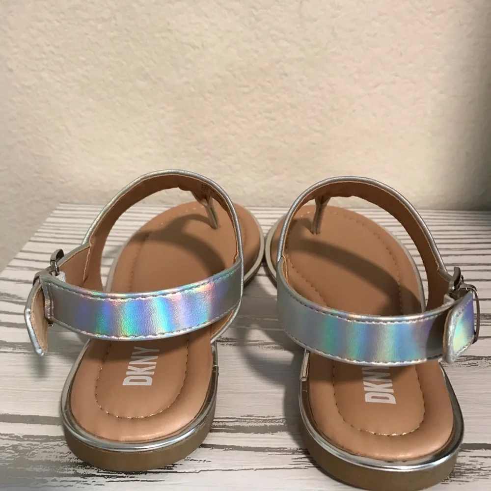 DKNY Holographic Iridescent Logo T-Strap Sandals